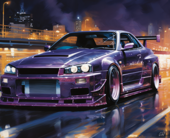 Midnight Skyline Dream – R34 GTR in Purple Rain